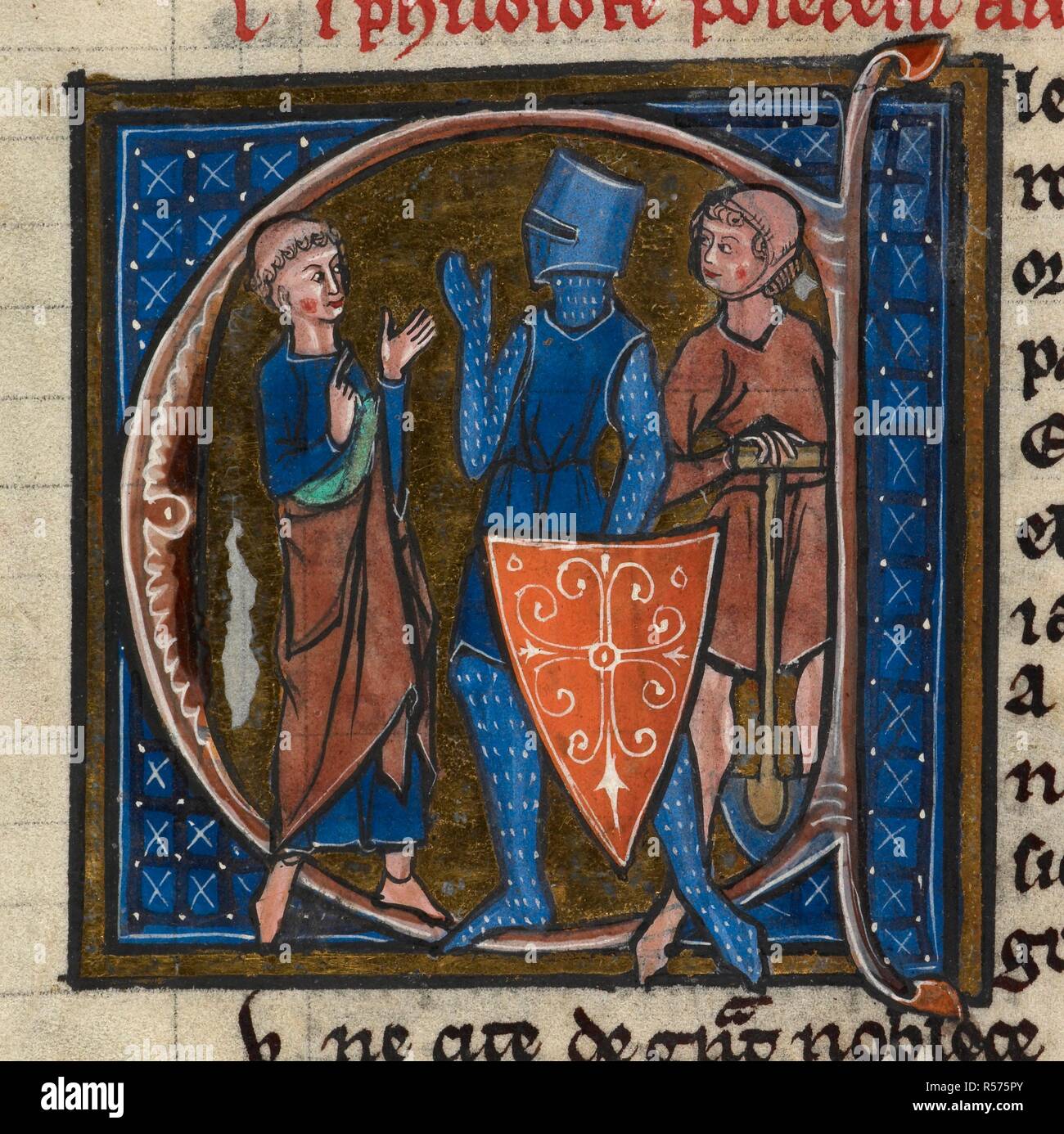 (Detail) Initial 'C': Cleric, Knight and Workman representing the three classes. Li Livres dou SantÃ©. France, late 13th century. Source: Sloane 2435, f.85. Language: French. Author: Aldobrandino of Siena. Stock Photo