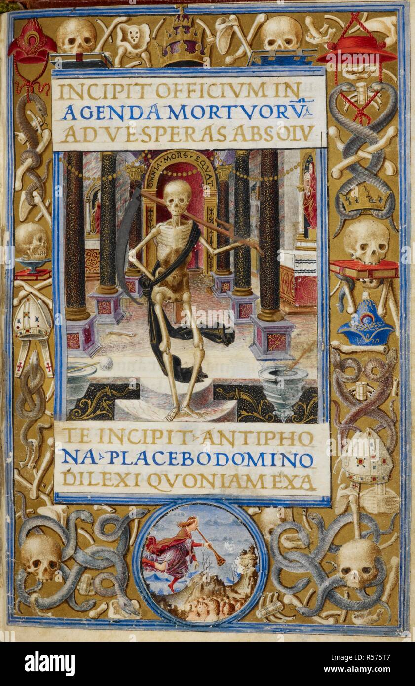 Death, with scythe. Mirandola Hours. Italy, circa 1490-1499. [Whole folio] Beginning of the Office of the Dead. Death, shown as a skeleton wearing a black sash and carrying a scythe, standing in a chapel; borders decorated with skulls, bones and snakes, also tiara, crown and mitres. In lower border, a medallion showing the resurrection of the dead at the Day of Judgement. Beginning of Psalm 114 Image taken from Mirandola Hours. Originally published/produced in Italy, circa 1490-1499. Source: Add. 50002, f.85. Language: Latin. Stock Photo