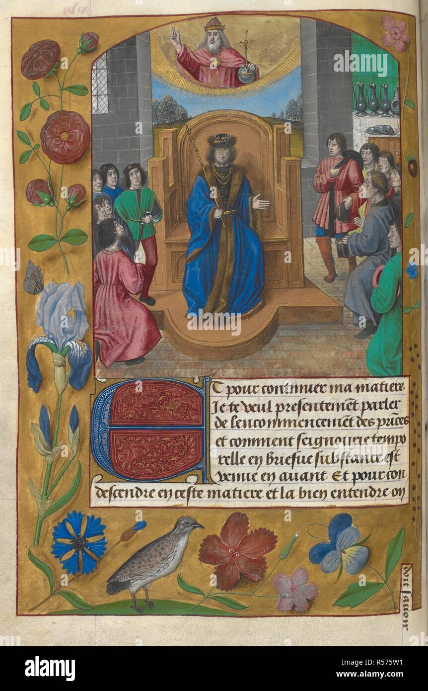 A prince enthroned, with supplicants surrounding him, and God the Father above. . Imaginacion de vraye noblesse. 1496. Source: Royal 19 C. VIII f.18v. Language: French. Author: Poulet, Quentin. Stock Photo
