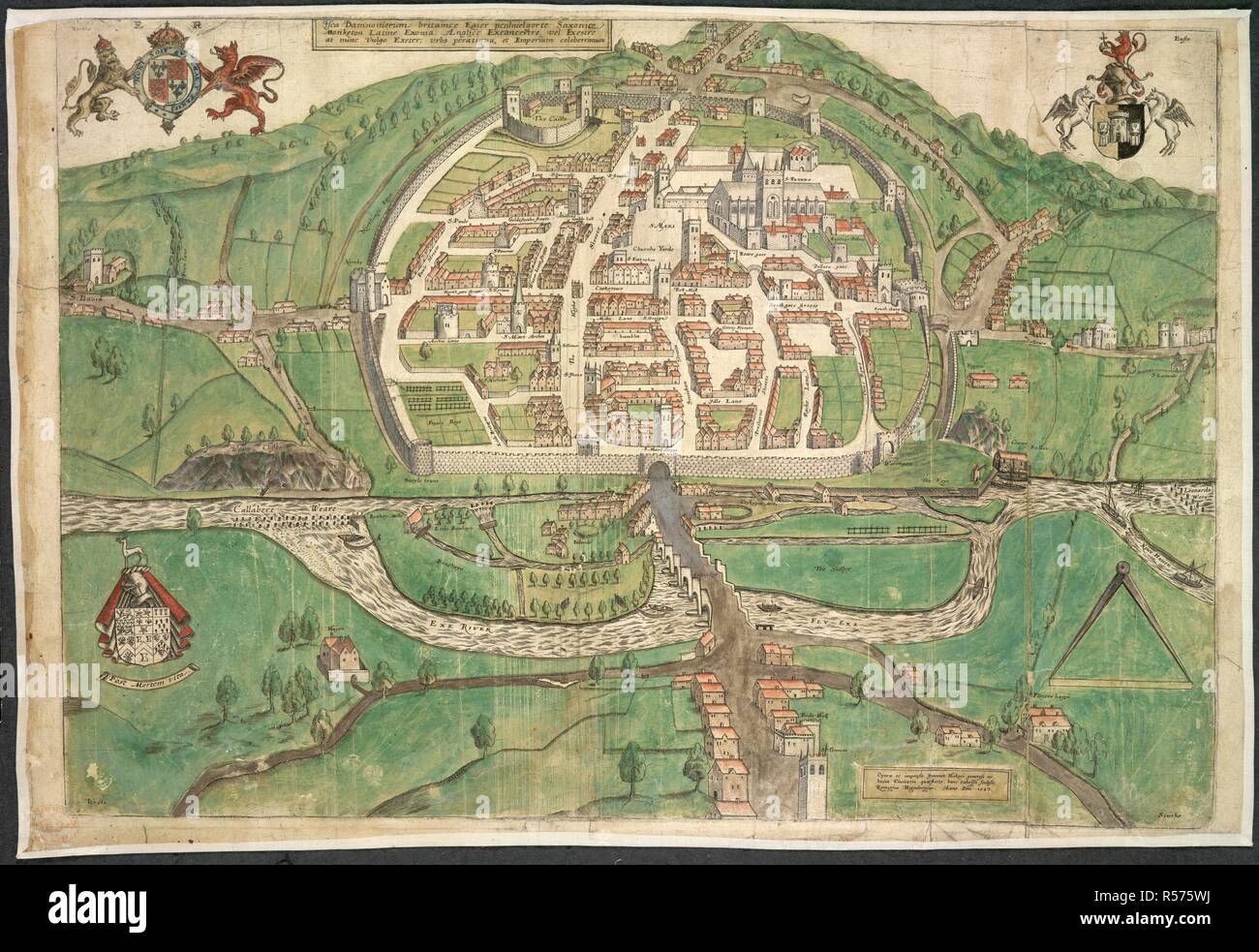 Map of Exeter. Isca Damnoniorum ... Latine Exonia, Anglice Exeanc. [London?] 1587. Source: Maps.C.5.a.3,. Language: Latin. Author: Hooker, John. Hogenberg, Remigius. Stock Photo