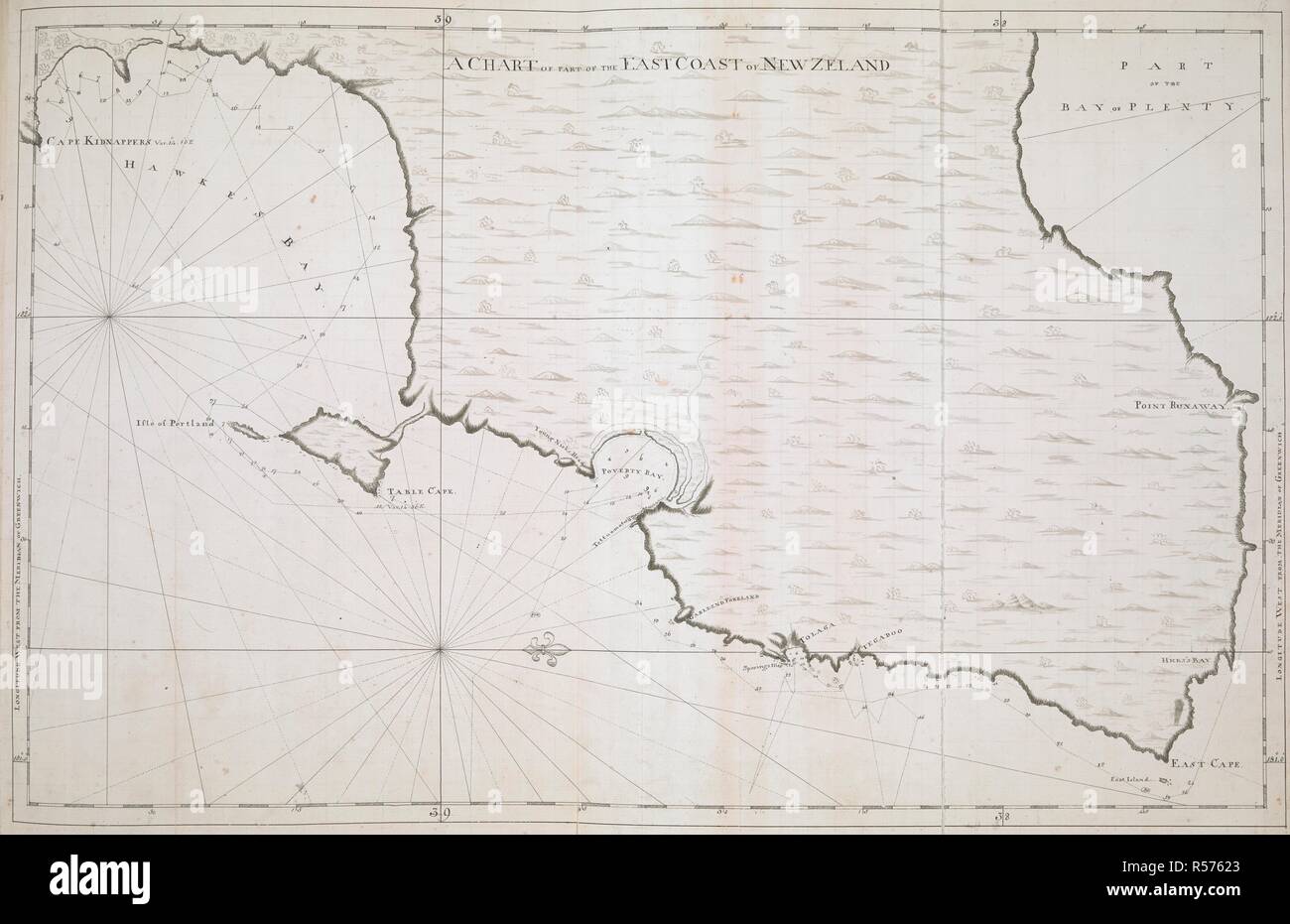 A chart of part of the south-eastern coast of the North Island of New Zealand, from Cape Runaway to Cape Kidnappers; drawn by Lieut. James Cook, shewing his track in 1769-1770. Charts, Plans, Views, and Drawings taken on board the Endeavour during Captain Cook's First Voyage, 1768-1771. 1769-1770. Ms. 2 f. 4 1/2 in. x 1 f. 6 1/2 in.; 72 x 47 cm. Source: Add. 7085, No.18. Stock Photo