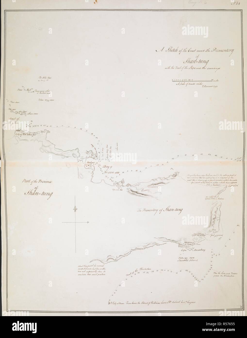 A 'sketch of the coast round the Promontory of Shan-tung,' from Cape Macartney to Teu-tcheou-foo head, taken by compass in sailing round it; with the track of the Lion and Hindostan, and the soundings; drawn by J. Barrow in 1793. . A collection of eighty views, maps, portraits and drawings illustrative of the Embassy sent to China under George, Earl of Macartney, in 1793; drawn chiefly by William Alexander, some by Sir John Barrow, Bart., some by Sir Henry Woodbine Parish, and one by William Gomm. Many of them are engraved in Sir George Staunton's Narrative of the Embassy, published in 1797. E Stock Photo
