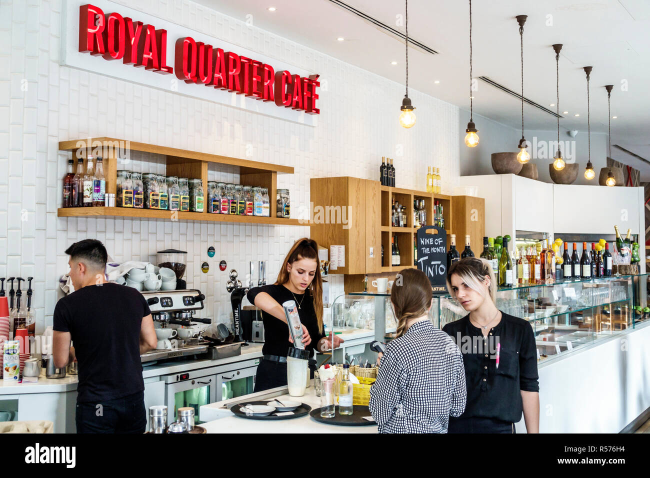 London England,UK,Westminster,Royal Quarter Cafe,restaurant restaurants food dining cafe cafes,interior inside,modern European cuisine,dining,counter, Stock Photo