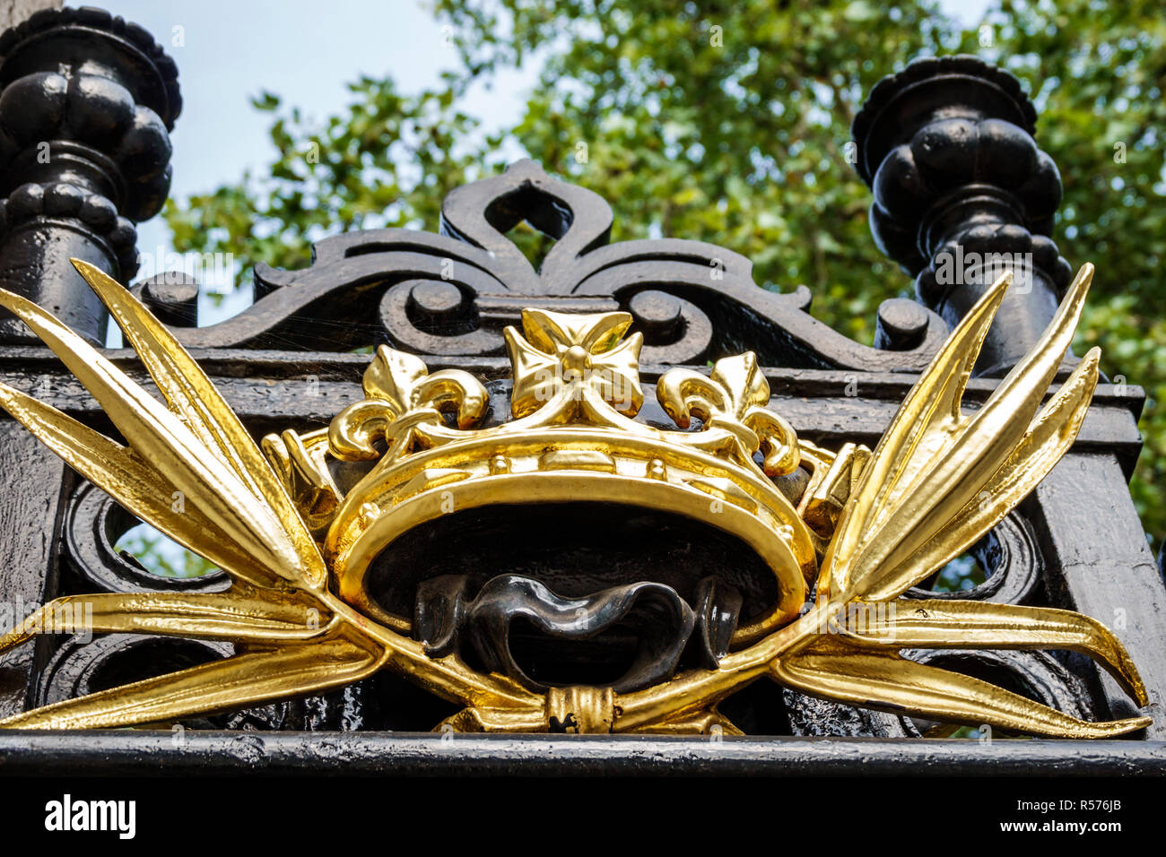 London England,UK,Westminster,Buckingham Palace Gate,royal residence,monarchy,ornamental detail,crown,gilded,UK GB English Europe,UK180828086 Stock Photo