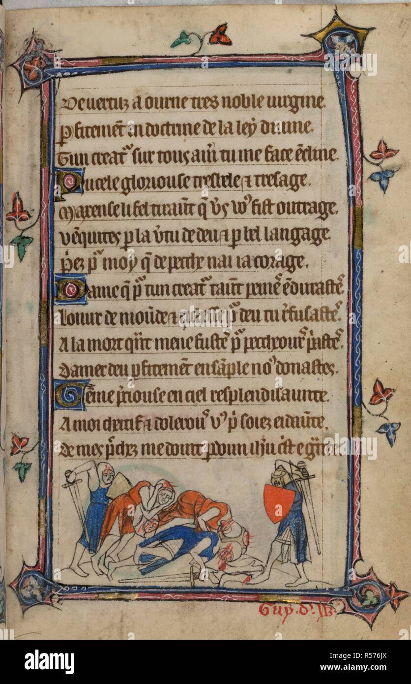Bas-de-page scene of Guy de Warwick and another armed man slaying five men; with decorated initials and a full bar border. Book of Hours, Use of Sarum ('The Taymouth Hours'). England, S. E.? (London?); 2nd quarter of the 14th century. Source: Yates Thompson 13, f.17. Language: Latin and French. Stock Photo