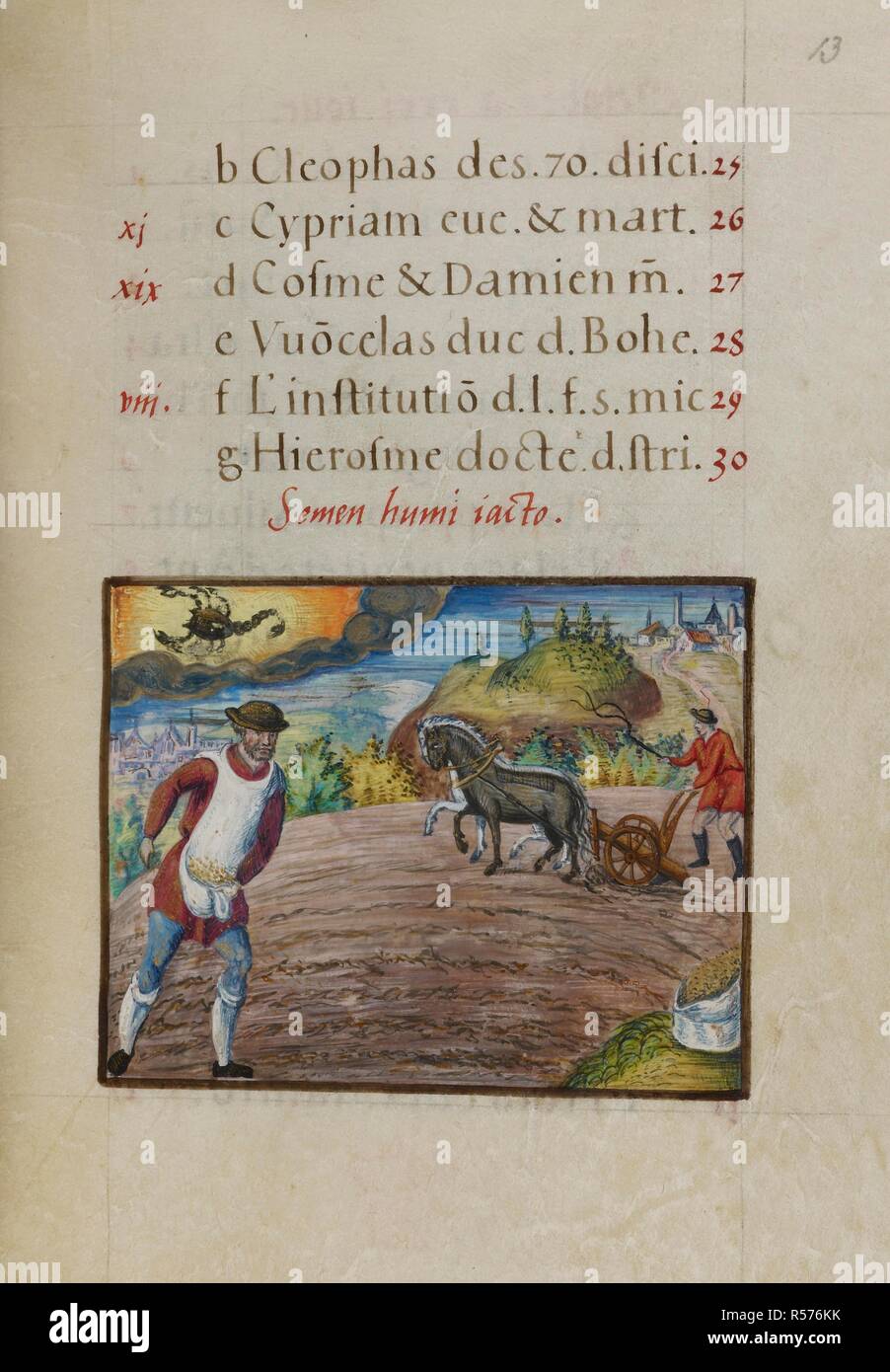 October calendar miniature of a man ploughing, another sowing and the zodiac sign, Scorpio. Book of Prayers. France; last quarter of the 16th century. Source: Harley 5763, f.13. Language: French. Stock Photo