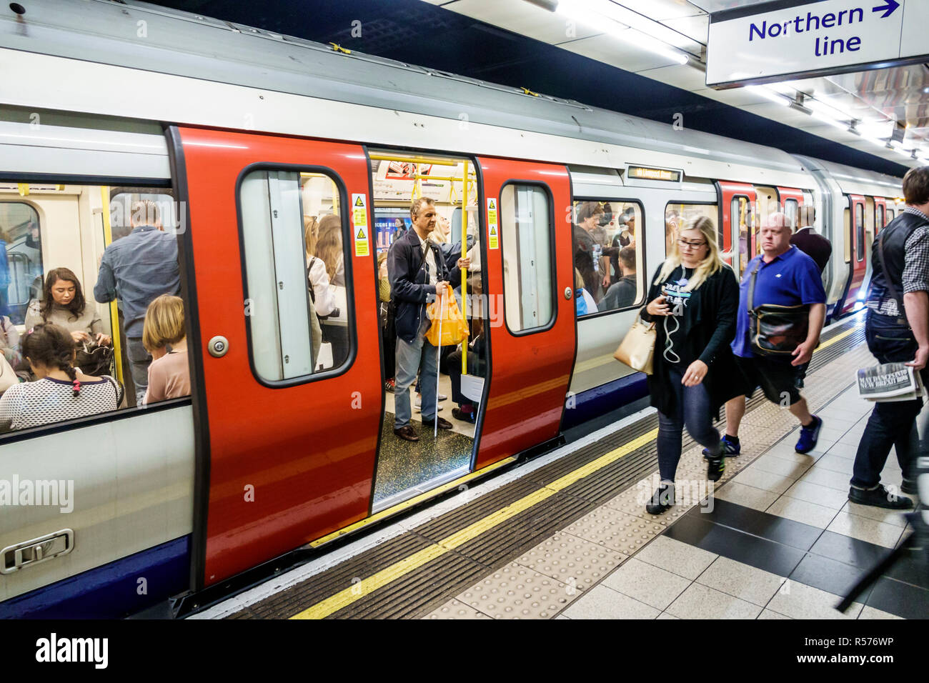London England,UK,United Kingdom Great Britain,Westminster,Embankment Underground Station train Tube,tube subway public transportation,platform,train, Stock Photo