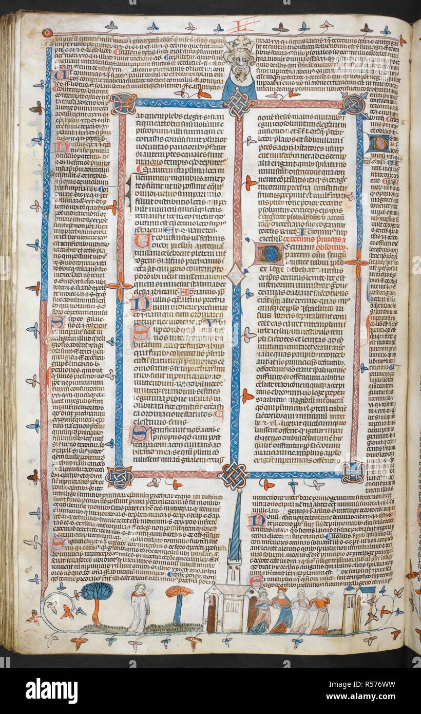 A bas-de-page scene of the Virgin Mary leading a bishop and women away from a church. Decretals of Gregory IX with glossa ordinaria (the 'Smithfield Decretals'). France, S. (Toulouse?); last quarter of the 13th century or 1st quarter of the 14th century. Source: Royal 10 E. IV, f.198v. Language: Latin. Author: Raymond of PeÃ±afort, editor. Bernard of Parma, glossator. Stock Photo