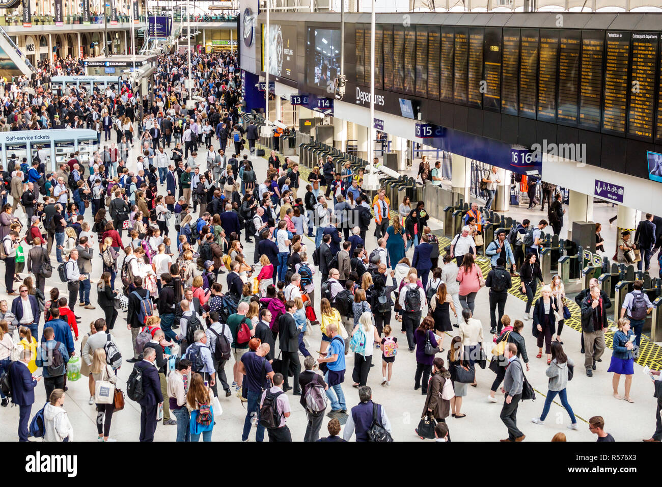 London England,UK,Lambeth South Bank,Waterloo Station,trains,railway,National Rail network central terminus,man men male,woman female women,passengers Stock Photo