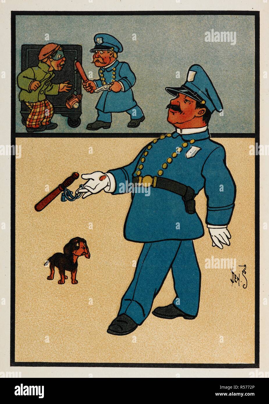 Colour illustration showing two American policeman, one of them arresting a burglar. When I grow up. [With illustrations by the author.]. New York : Century Co., 1909. Source: 12804.y.21 page 89. Author: Leason, Percy Alexander. Stock Photo