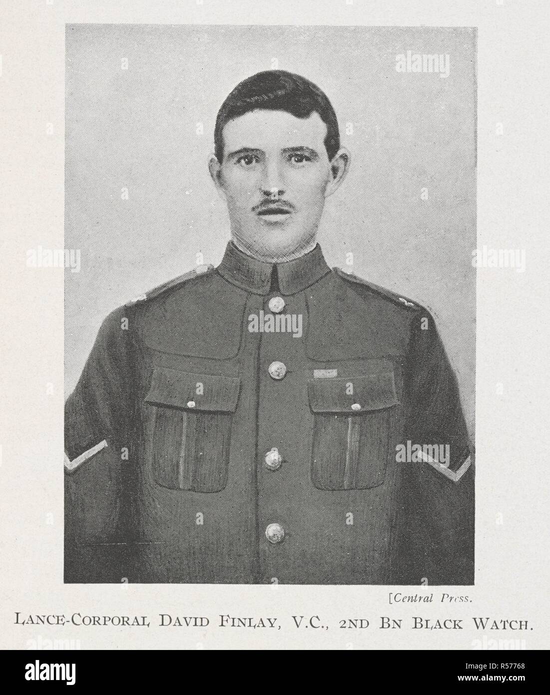 Lance-Corporal David Finlay, V.C., 2nd bn. Black Watch. David Finlay VC (20 January 1893 â€“ 21 January 1916) was a Scottish recipient of the Victoria Cross. On 9 May 1915 near Rue du Bois, France, Lance-Corporal Finlay led a bombing party of 12 men in the attack until 10 of them had fallen. He then ordered the two survivors to crawl back and he himself went to the assistance of a wounded man and carried him over a distance of 100 yards of fire-swept ground into cover, quite regardless of his own safety. He was killed in action in Mesopotamia on 21 January 1916 and is remembered on the Basra M Stock Photo