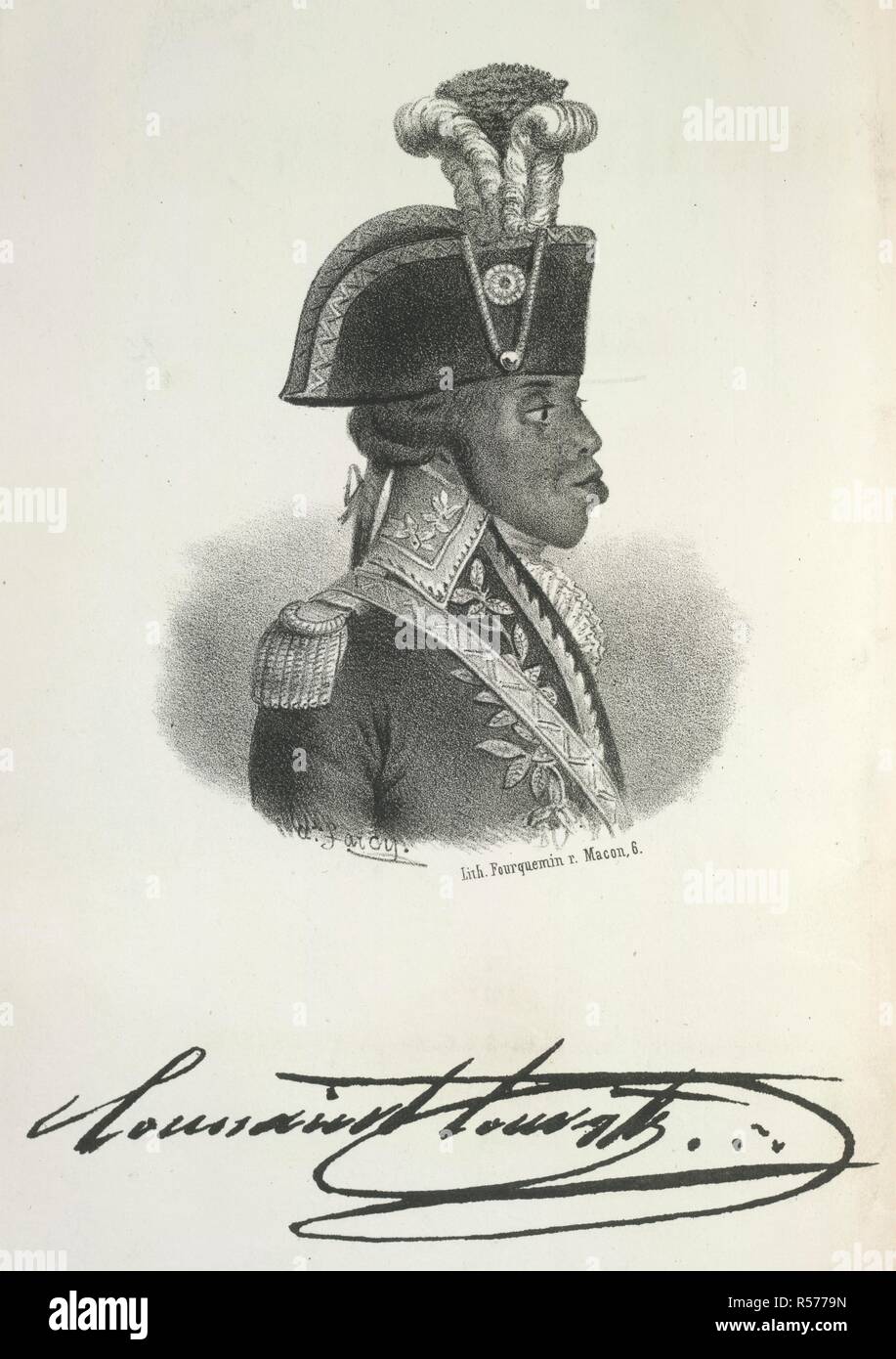 Toussaint Louverture. (1746-1803). Haitian revolutionary leader. Vie de Toussaint-L'Ouverture. Paris, 1850. Toussaint Louverture (1746-1803). Haitian revolutionary leader. Born a slave, he became a general in the French army but after driving out the British and Spanish expeditions, he took control of the island. Napoleon sent an expedition to restore restore control and the re-establishment of slavery. He was treacherously seized from a meeting, imprisoned and died of neglect in prison. Portrait. Source: 10880.e.42, frontispiece. Language: French. Stock Photo