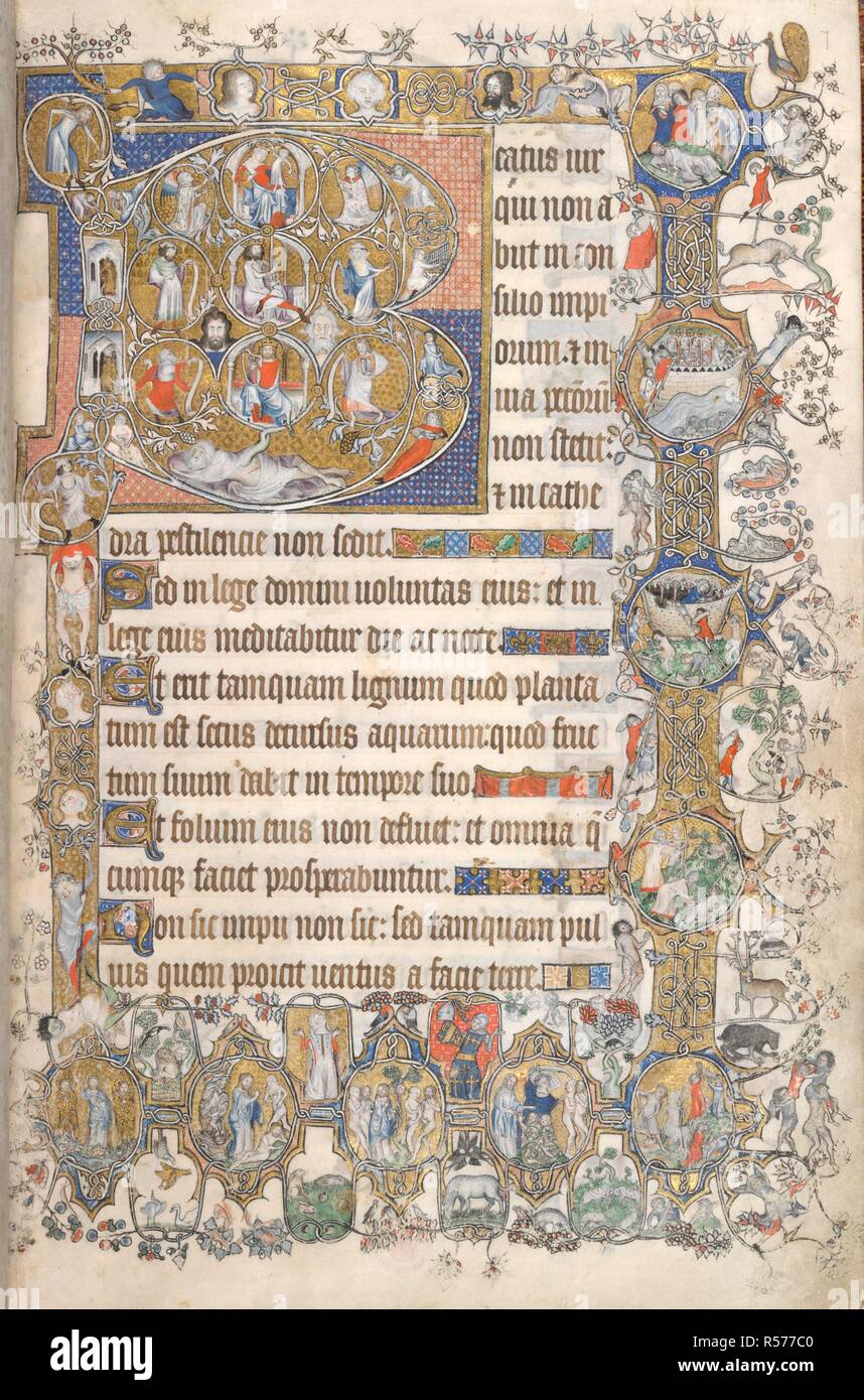 Beatus page. St Omer Psalter. England [Mulbarton, co. Norfolk?]; circa 1325-1330. [Whole folio] Psalm 1, beginning with initial 'B', the Tree of Jesse. Branches spring from Jesse, and include miniatures of David, Solomon, the Virgin and Child, and Moses and Elijah. Borders with nine medallions with scenes from Genesis, from the Creation to the Drunkenness of Noah; with many figures, animals, and birds. In lower border, two praying figures, representing the owners of the book; the man clothed in arms of the St Omer family  Image taken from St Omer Psalter.  Originally published/produced in Engl Stock Photo