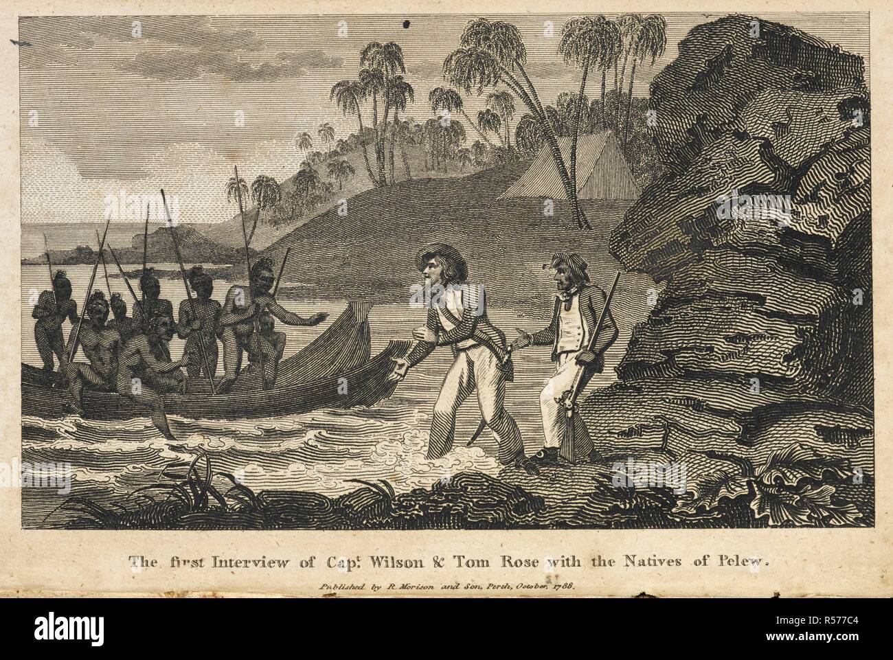 The first interview of Capt. Wilson & Tom Rose with the natives of Pelew. Narrative of the Shipwreck of the Antelope, East-India Pacquet, on the Pelew Islands ... in August, 1783. Perth : R. Morison & Son, 1788. Source: 10492.bb.76 frontispiece. Stock Photo