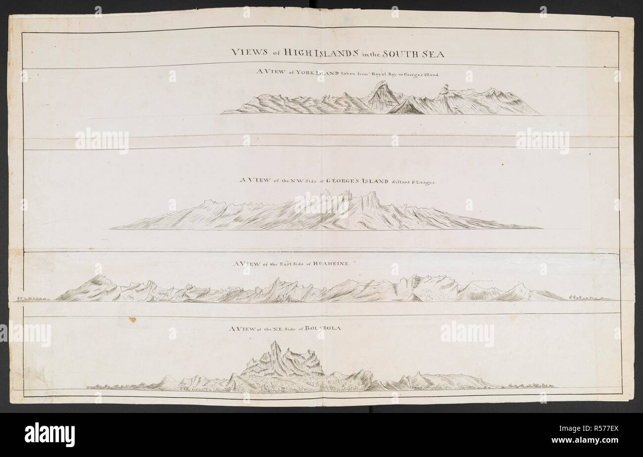 Small Views of High Islands in the South Sea; viz. York Island, George's Island, Huaheine, and Bollabola; drawn by Lieut. James Cook, in his first voyage. Charts, Plans, Views, and Drawings taken on board the Endeavour during Captain Cook's First Voyage, 1768-1771. 1768-1771. Source: Add. 7085, No.10. Stock Photo