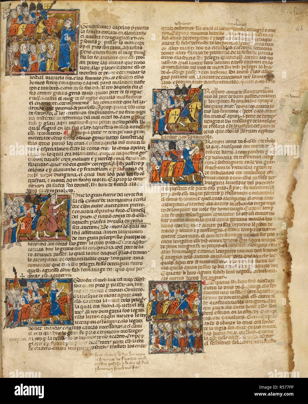 Six miniatures depicting the crusades. Text. Abreviamen de las Estorias. a summary of Universal History, from the creation of the world to the death of the Emperor Henry the Seventh [1314]. France; Beginning of the XIVth century. Source: Egerton 1500, f.46. Language: French. Stock Photo