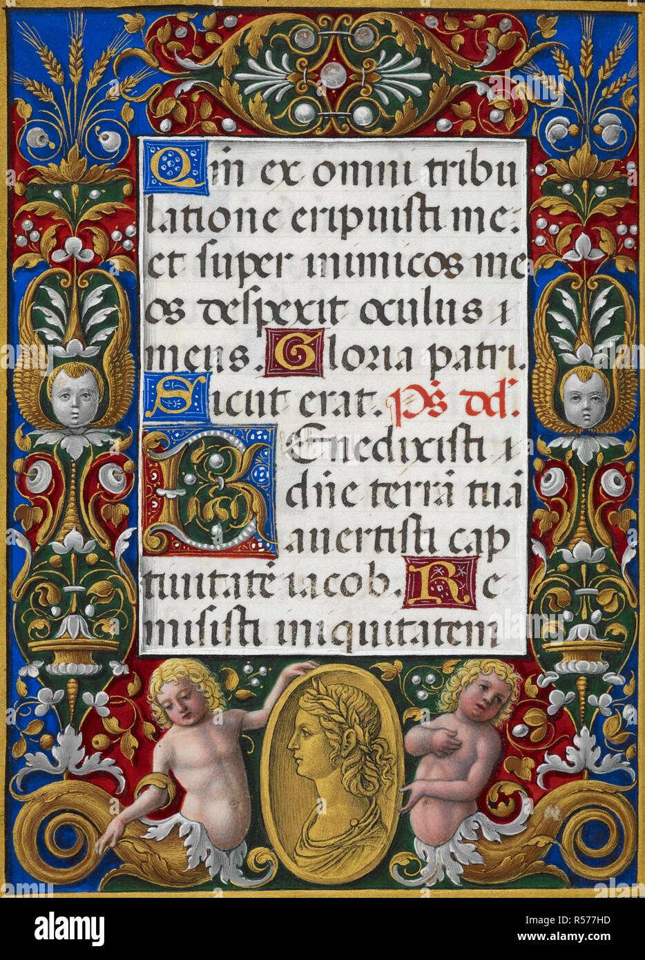 Text page from Hours of the Virgin with decorated border showing a bust of the Empress Livia. Sforza Hours. Milan, circa 1490; Flemish insertions, 1517-1520. Source: Add. 34294, f.85v. Language: Latin. Author: Birago, Giovan Pietro. Stock Photo