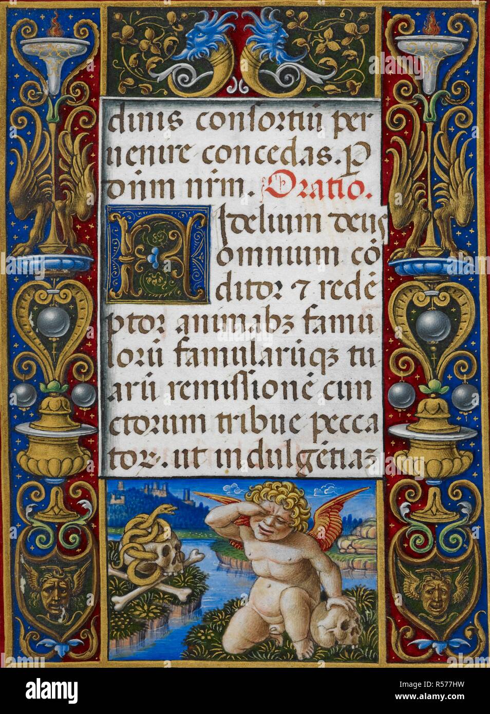 Text page from Office of the Dead showing a putto weeping with skulls, bones and serpent. Sforza Hours. Milan, circa 1490; Flemish insertions, 1517-1520. Source: Add. 34294, f.271. Language: Latin. Author: Birago, Giovan Pietro. Stock Photo