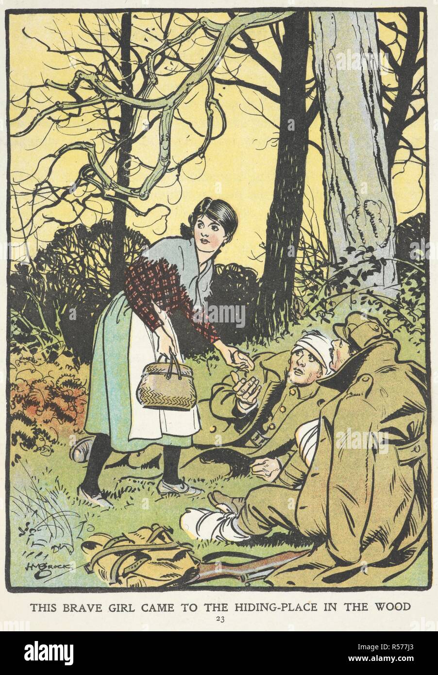 'This brave girl came to the hiding-place in the wood'. Colour illustration showing a young Belgian girl bringing food to wounded British soldiers hiding in the woods. Brave Boys and Girls in Wartime. True stories. London : Blackie & Son, [1918]. True stories of the First World War, 1914 - 1918. Source: 12802.dd.8 page 23. Author: Lea, John. Stock Photo
