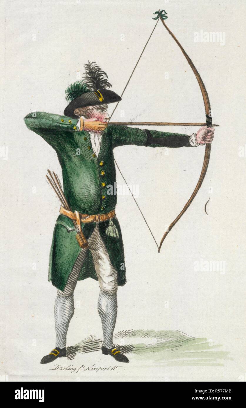 Coloured engraving of an archer with long bow, wearing the uniform of the Toxophilite Society, with a green coat and a green feather in the hat. This engraving was designed by -- Slater as a plate for Thomas Waring's Treatise on Archery. Waring himself, a manufacturer of bows and arrows, of Charlotte Street, Bloomsbury, stood as the original model. Dated 17th April 1794. Archery Collections. England [London]; 1794. Source: Add. 6315, f.53. Language: English. Stock Photo
