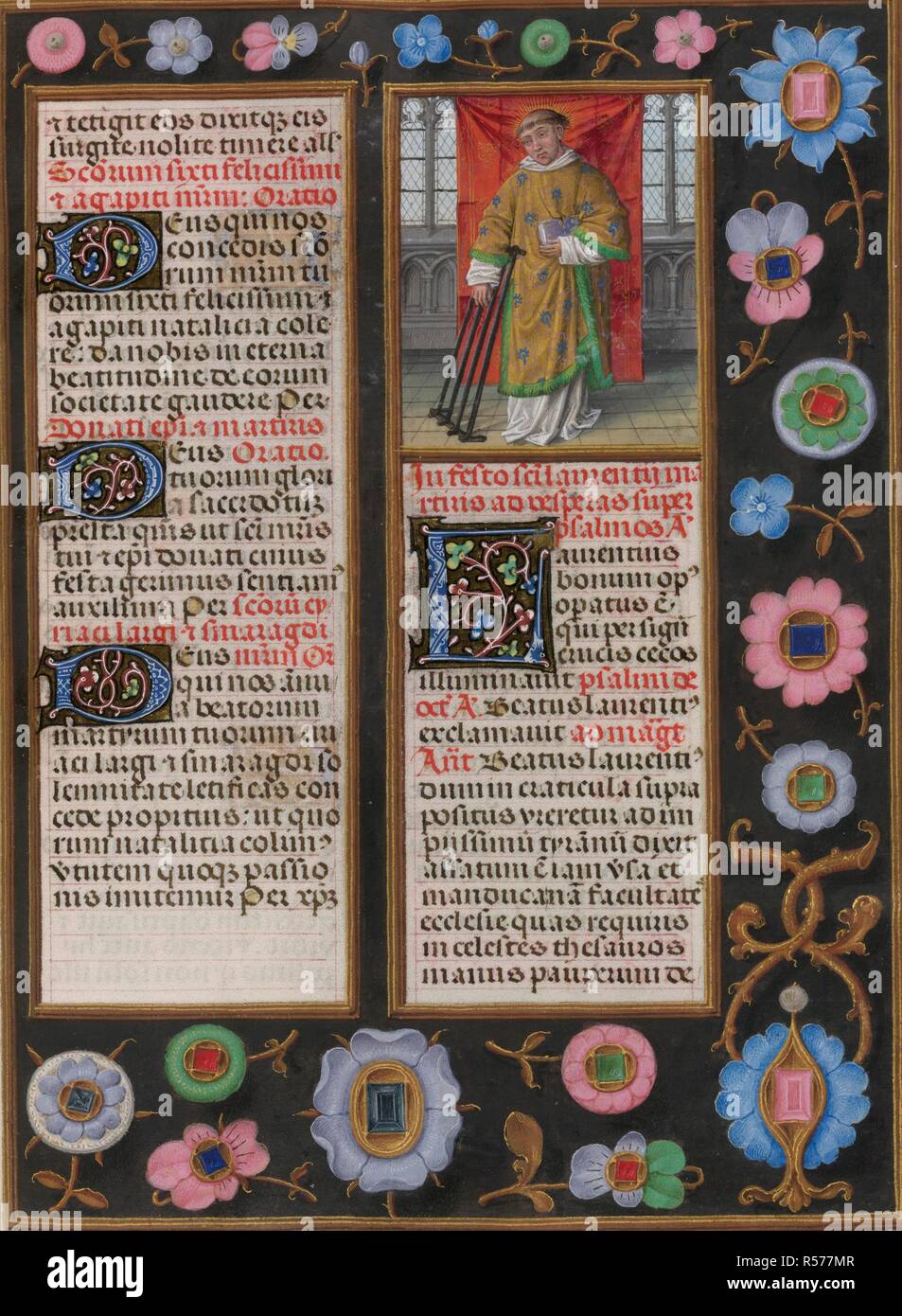 The Sanctorale; Feast of St.Lawrence, 10th August. The saint with his gridiron. Text with decorated initial 'L'. Borders of trompe l'oeil decoration with flowers. Isabella Breviary. S. Netherlands [Bruges?]; circa 1490-1497. Source: Add. 18851, f.431. Language: Latin. Author: Master of James IV of Scotland. Stock Photo