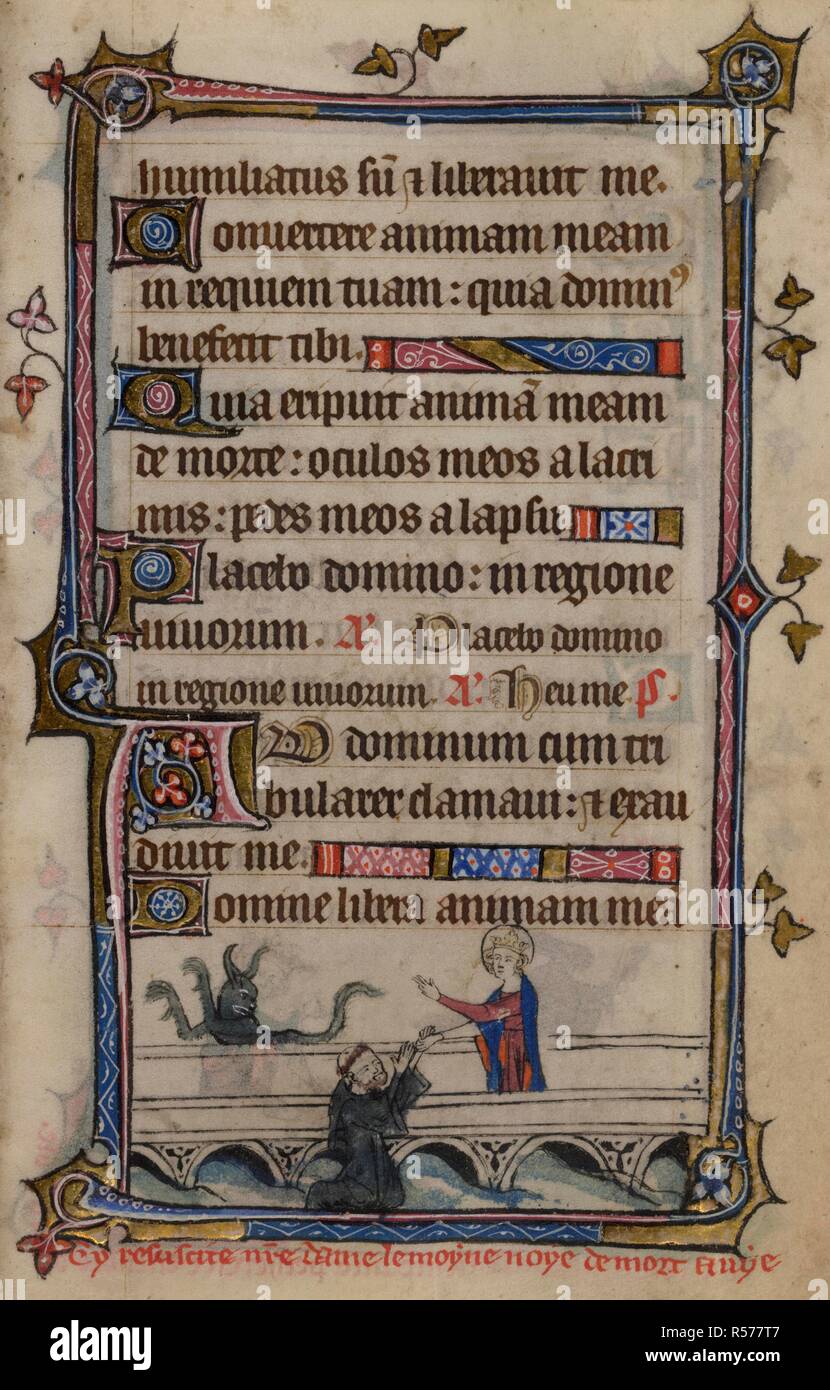 Bas-de-page scene of the Virgin Mary rescuing the monk whom the devil had tried to drown, with a caption reading, â€˜Cy resuscite n[ost]re dame le moyne noye de mort a vye. Book of Hours, Use of Sarum ('The Taymouth Hours'). England, S. E.? (London?); 2nd quarter of the 14th century. Source: Yates Thompson 13, f.152. Language: Latin and French. Stock Photo