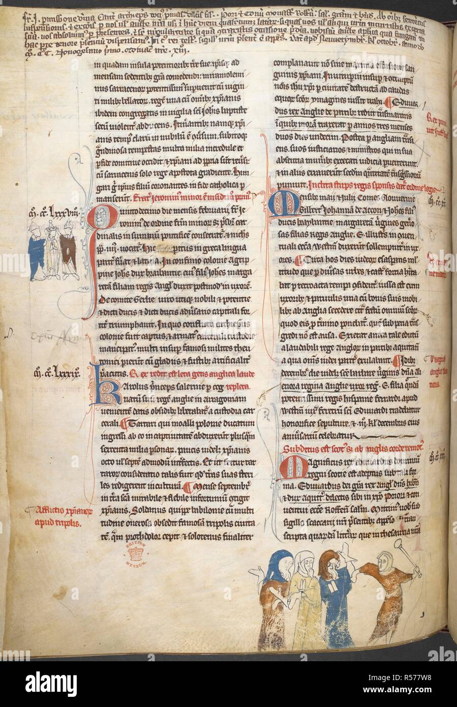 [Whole folio] Text; marginal drawings of bishops crowning Prince Edward ...