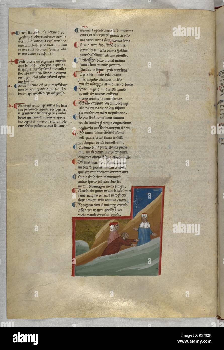 Purgatorio: Statius tries to embrace Virgil. Dante Alighieri, Divina Commedia ( The Divine Comedy ), with a commentary in Latin. 1st half of the 14th century. Source: Egerton 943, f.101v. Language: Italian, Latin. Stock Photo