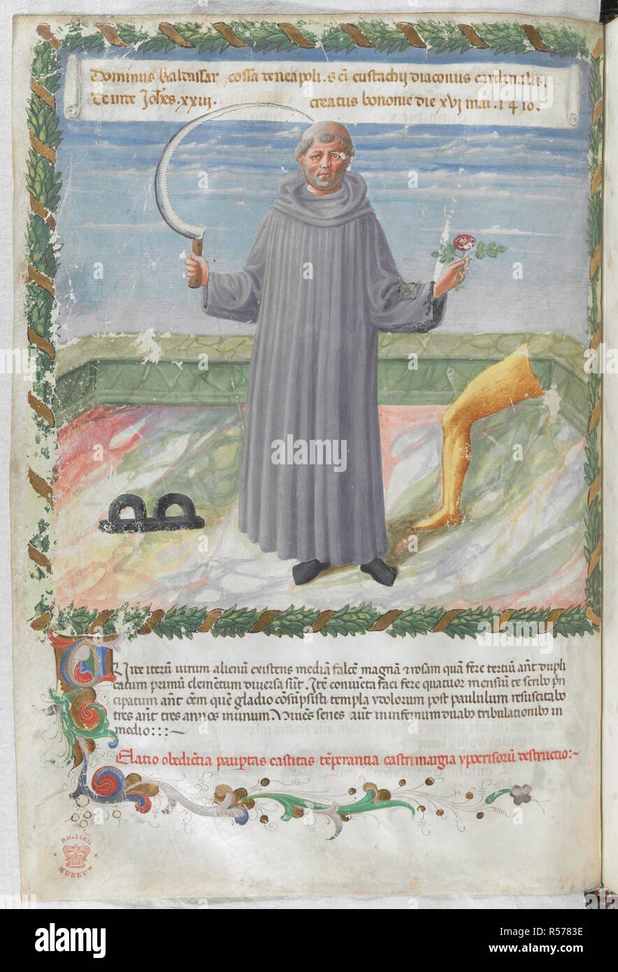 Miniature of Pope John XXII (the caption, identifying the figure as Pope John XXIII, is erroneous). Vaticinia de Pontificibus. Italy, Central (Florence); 2nd quarter of the 15th century. Source: Harley 1340, f.10v. Language: Latin. Stock Photo