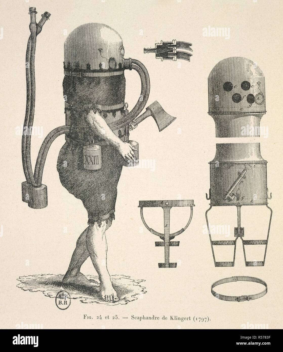 A diving suit made of waterproofed leather, worn with a metal helmet