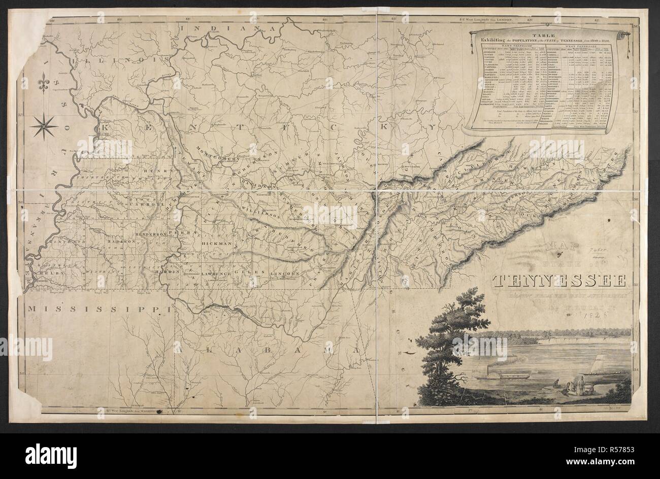 A map of Tennessee. Map [of] the State of Tennessee. Drawn ... by F. Lucas, Jr. [Baltimore?], [1825?]. Source: Maps 74635.(2.). Language: English. Stock Photo