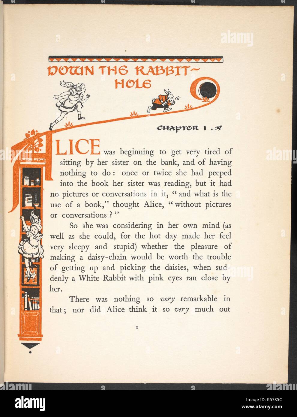 Text page with illuminated letter A and illustrations of Alice and the White Rabbit. Alice's adventures in wonderland / by Lewis Carroll ; illustrated by Gwynedd M. Hudson. [London?] : Hodder and Stoughton, [1922?]. Source: YA.1997.b.4119 page 1. Stock Photo