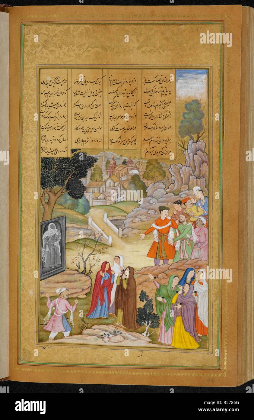 Iskandar trying to persuade the women of Qipchaq to veil their faces by setting up a carving of a veiled bride. Khamsa. ('Five Poems'). India, 1595. Source: Or. 12208, f.266v. Language: Persian. Author: NIZAMI. Mukund. Stock Photo