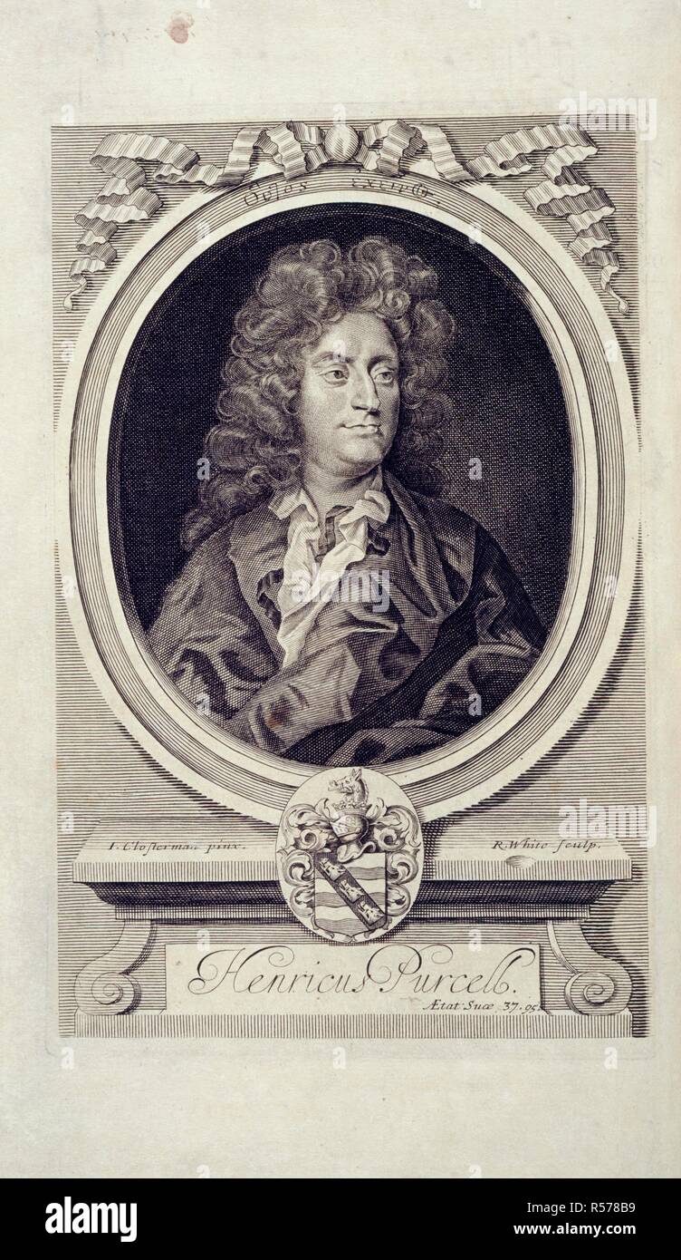 Henry Purcell. Orpheus Britannicus. London : J. Heptinstall (W. Pearson), for H. Playf. Henry Purcell (1659-1695). English composer. Portrait.  Image taken from Orpheus Britannicus.  Originally published/produced in London : J. Heptinstall (W. Pearson), for H. Playford, 1698 (1702). . Source: G.100 volume 1 , frontispiece. Language: English. Stock Photo