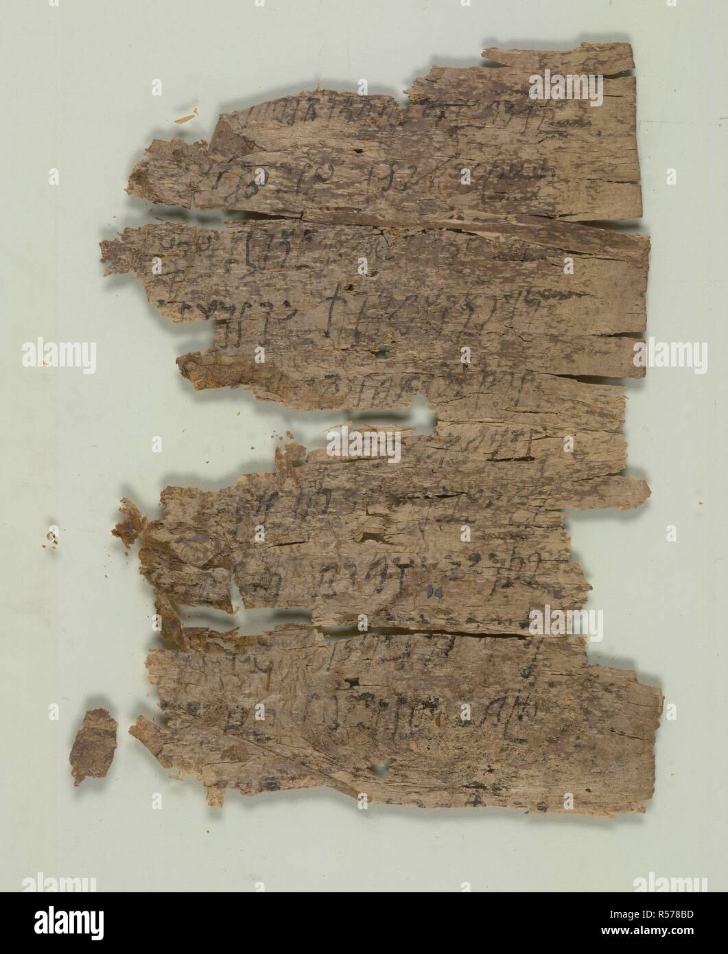 Fragmentary Buddhist text. Kharosthi Buddhist text. The manuscript is written on birchbark and is part of a group of early manuscripts from Gandhara (modern East Afghanistan/North-West Pakistan).  Image taken from Kharosthi Buddhist text. . Source: Or. 14915, part 47. Language: Gandharan. Stock Photo