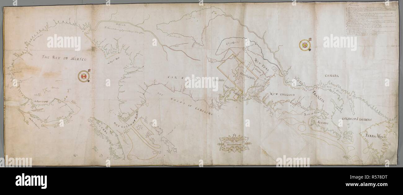 Chart of the coast of America, between Mexico and Labrador, 1686. Chart of the coast of America, between Mexico and Labrador, from about 52Âº to 18Âº north; drawn by Philip Wells in 1686. 1686. Source: Add. 5414.19. Stock Photo