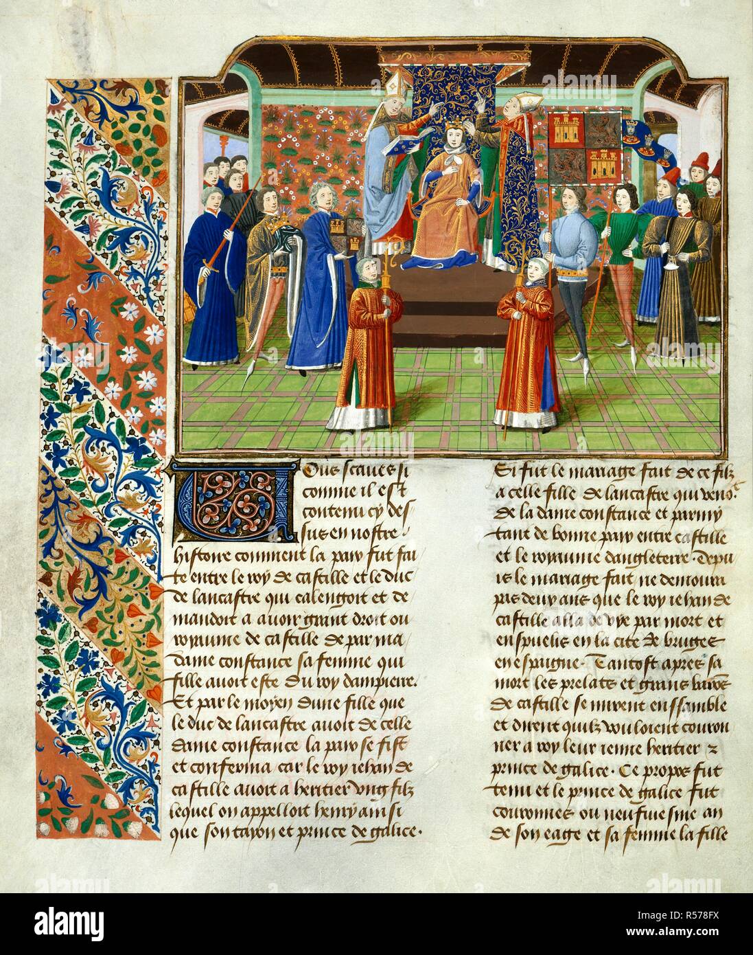 Coronation of King Henry of Castile. Chroniques, Vol. IV, part 1 (the 'Harley Froissart'). (Froissart's Chronicles). S. Netherlands [Bruges]; 1470-1475. [Whole folio] Coronation of King Henry of Castile; with courtiers, one carrying a heraldic banner. Text beginning with decorated initial 'V'. Borders with foliate decoration  Image taken from Froissart's Chronicles [Volume IV, part 1].  Originally published/produced in S. Netherlands [Bruges]; 1470-1475. . Source: Harley 4379, f.112v. Language: French. Author: FROISSART, JEAN. Stock Photo
