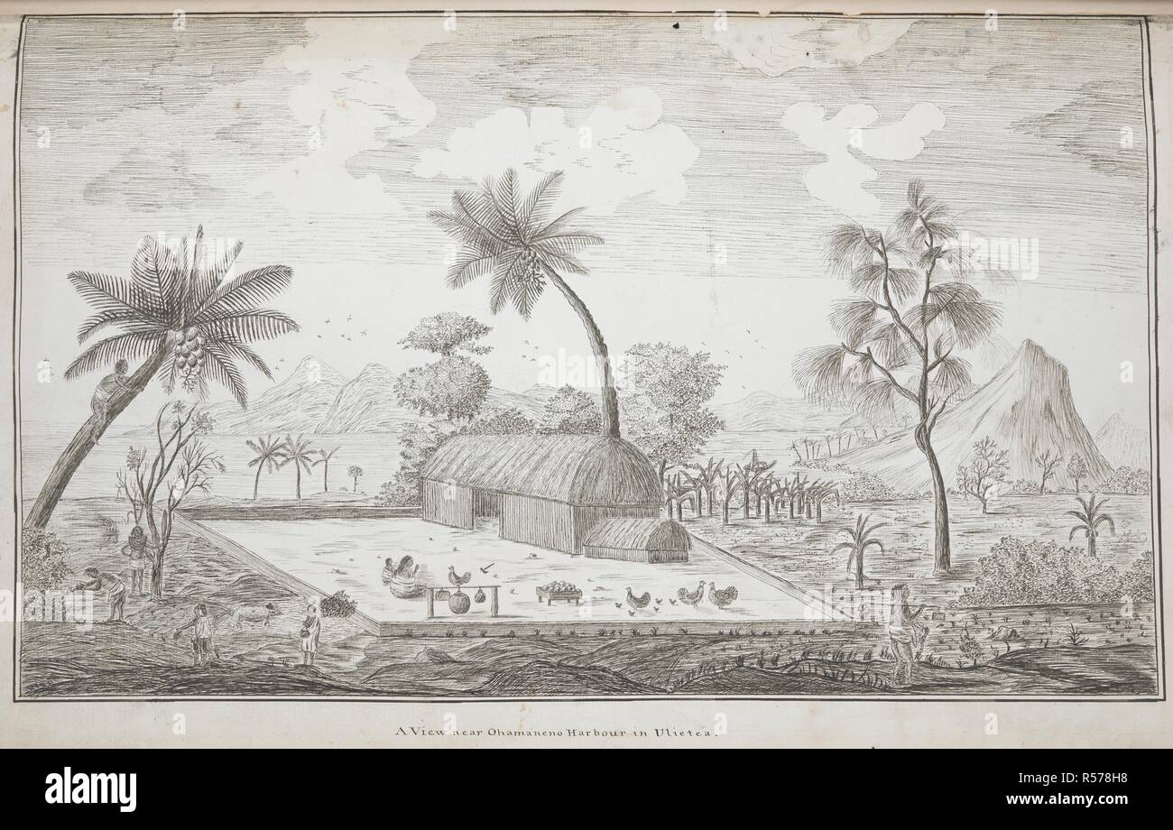 A view near Ohamaneno Harbour in Ulietea; drawn by Lieut. James Cook, in his first voyage. Charts, Plans, Views, and Drawings taken on board the Endeavour during Captain Cook's First Voyage, 1768-1771. ca. 1768-1771. Source: Add. 7085, No.12. Stock Photo