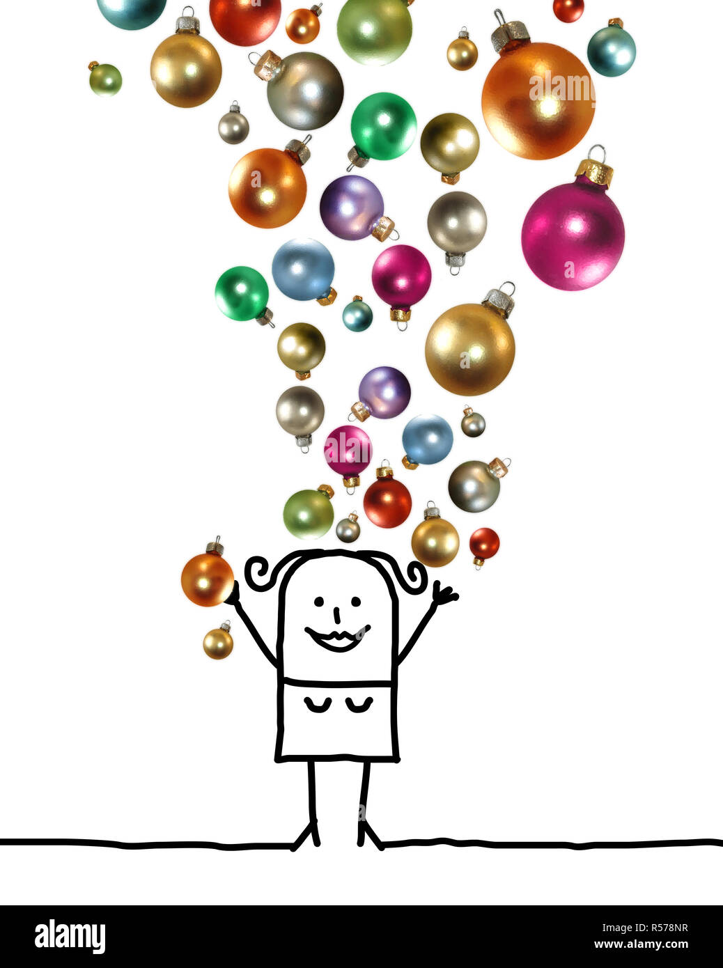 Cartoon Woman Throwing Up a Colorful Christmas Balls Set Stock Photo