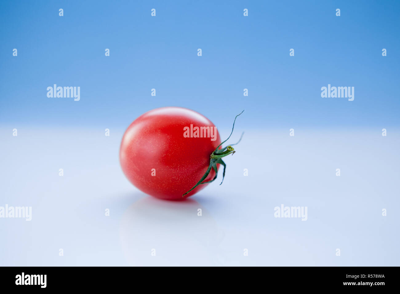 Juicy tomato on a light blue background, close-up Stock Photo