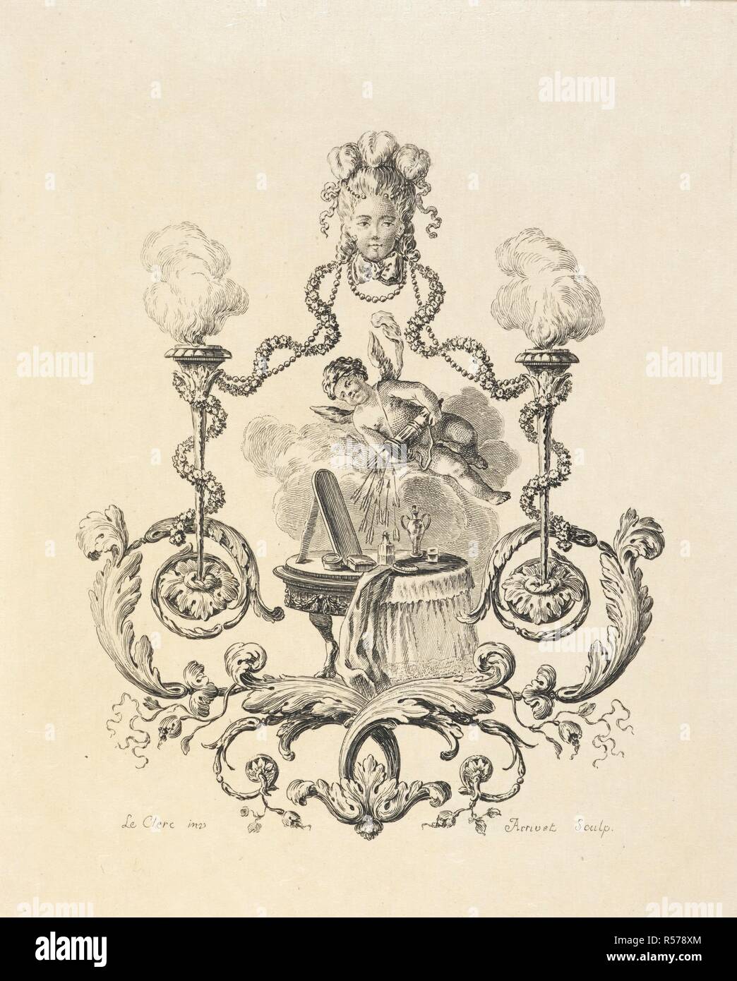 A small dressing table; above, Cupid with his arrows. Beauty's Day. (Les quatre Heures de la Toilette des Dames.) Translated by H. G. Keene and illustrated with ... engravings, from designs by Leclerc, etc. L.P. London : Vizetelly & Co., [1890]. Source: L.R.408.d.12, opposite page 50. Stock Photo