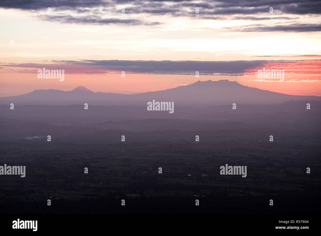 Taranaki, New Zealand. View of Mount Ruapehu at dawn Stock Photo