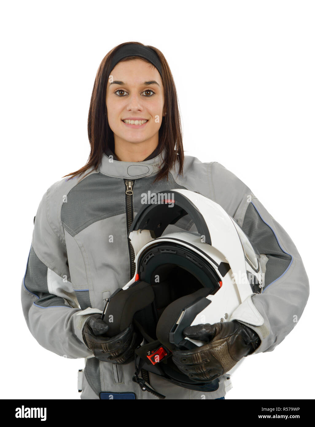 The beautiful girl with a motorcycle helmet, on white Stock Photo Alamy