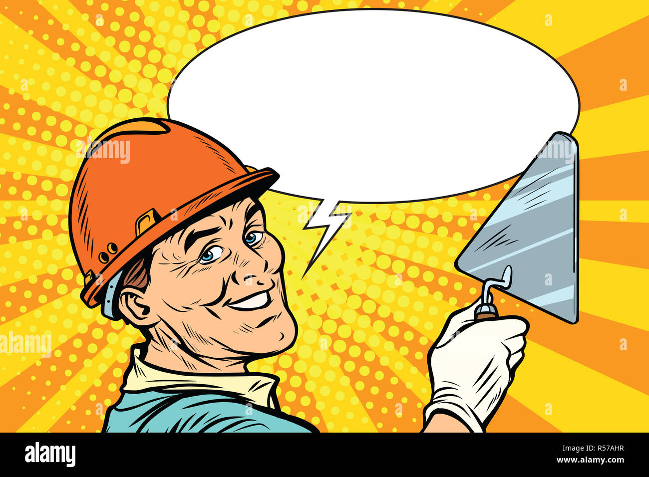 Builder repairman with the tool trowel Stock Photo