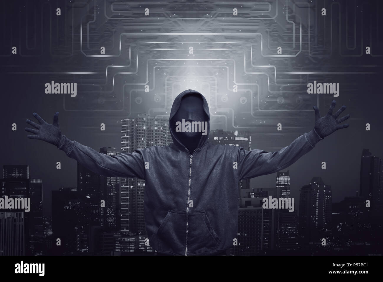 Expression hooded man wearing mask with open arm Stock Photo