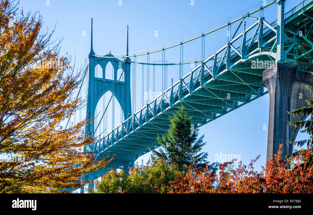 Famous gothic St Johns bridge across the Willamette River in Portland