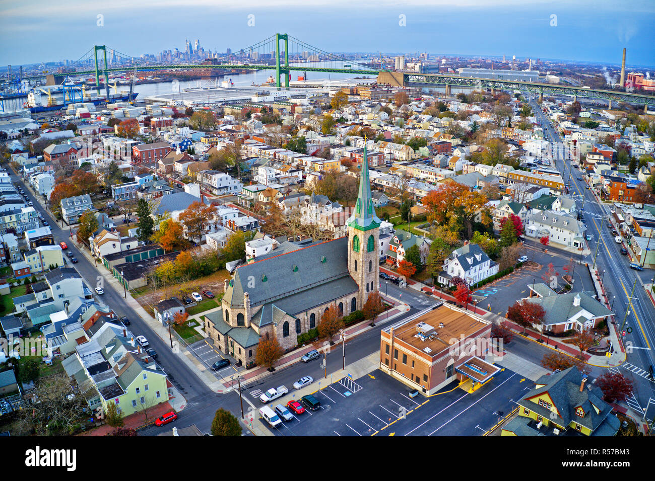 Aerial View of Delaware Riverfront Town Gloucester New Jersey Stock