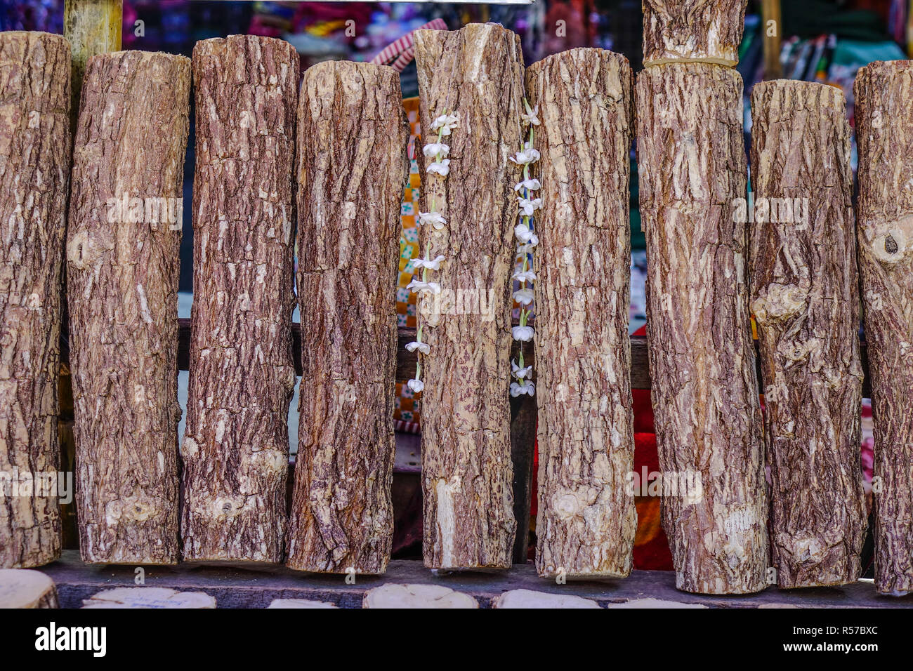 Thanaka wood for sale at rural market. Tanaka is Burmese tradition cosmetic made from bark of tanaka tree. Stock Photo