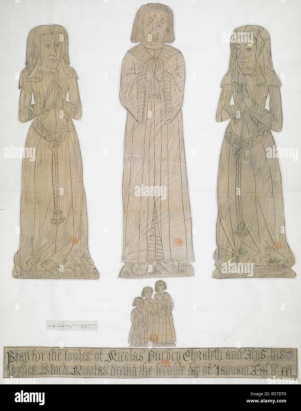 Five brass rubbings of a monumental brass depicting a man, two women