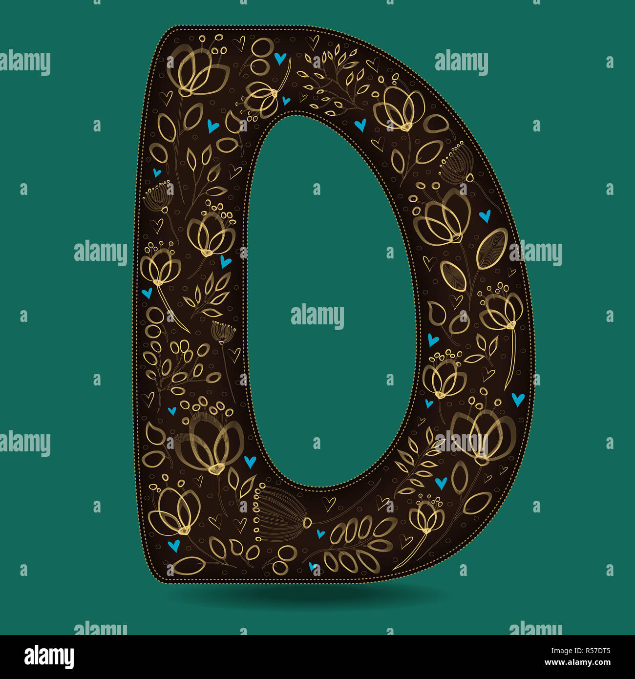 The Letter D with Golden Floral Decor. Stock Photo